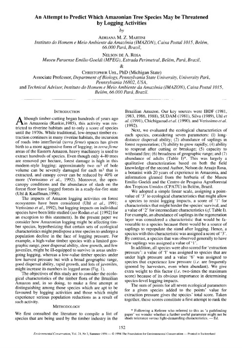 An attempt to predict which Amazonian tree species may be threatened by logging activities