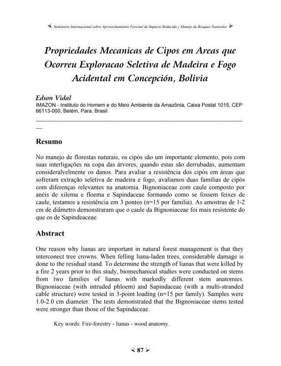 Propriedades mecânicas de cipós em áreas onde ocorreu exploração seletiva de madeira e fogo acidental em Conceptión, Bolívia