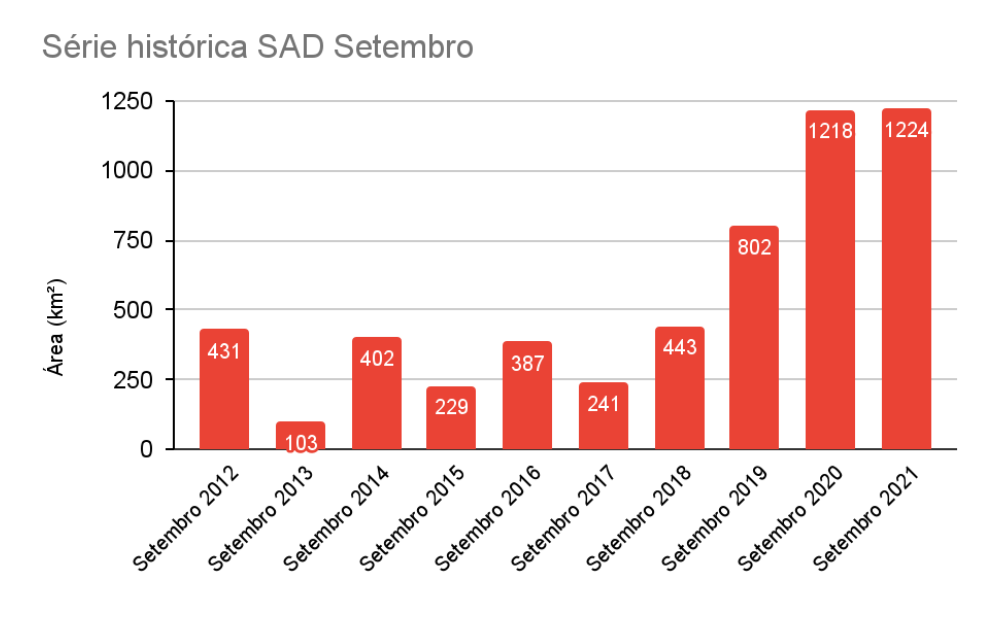 Serie historica SAD Setembro - Amazônia perdeu área de floresta maior do que 4 mil campos de futebol por dia em setembro