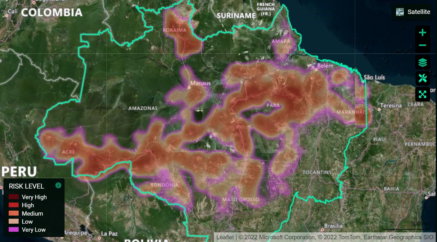 Print mapa - Plataforma de inteligência artificial estima risco de desmatamento de 15 mil km² na Amazônia em 2022