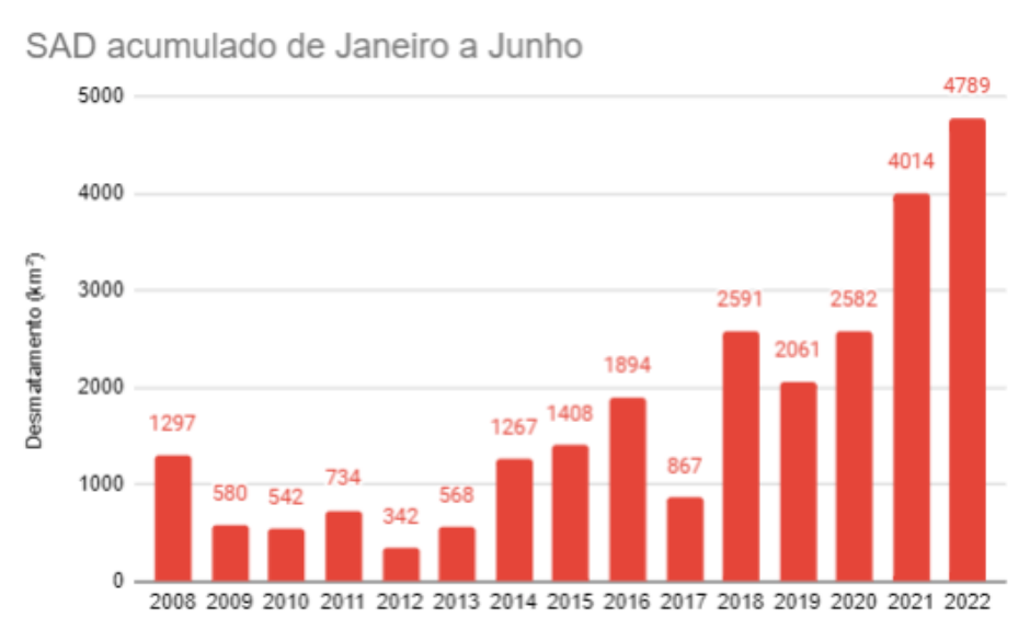 SAD Junho Grafico Janeiro Junho 2008 2022 - Desmatamento na Amazônia atinge pior primeiro semestre em 15 anos