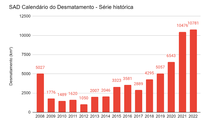 SAD 1 - Desmatamento na Amazônia chega a 10.781 km² nos últimos 12 meses, o maior em 15 anos