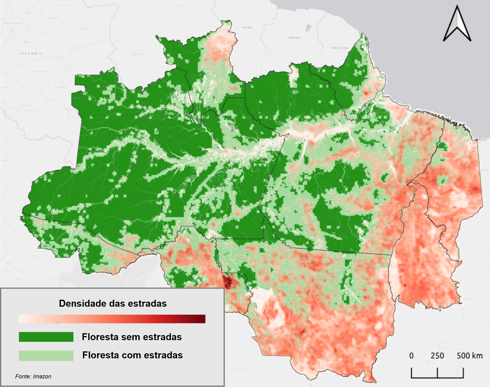 mapa densidade estradas - Estradas cortam ou se aproximam de 41% da área de floresta na Amazônia, mostra mapeamento inédito