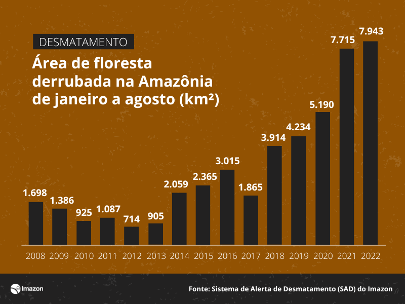 SITE SAD JAN AGO 2008 2022 - Desmatamento na Amazônia chega a quase 8 mil km² em 2022, pior acumulado em 15 anos