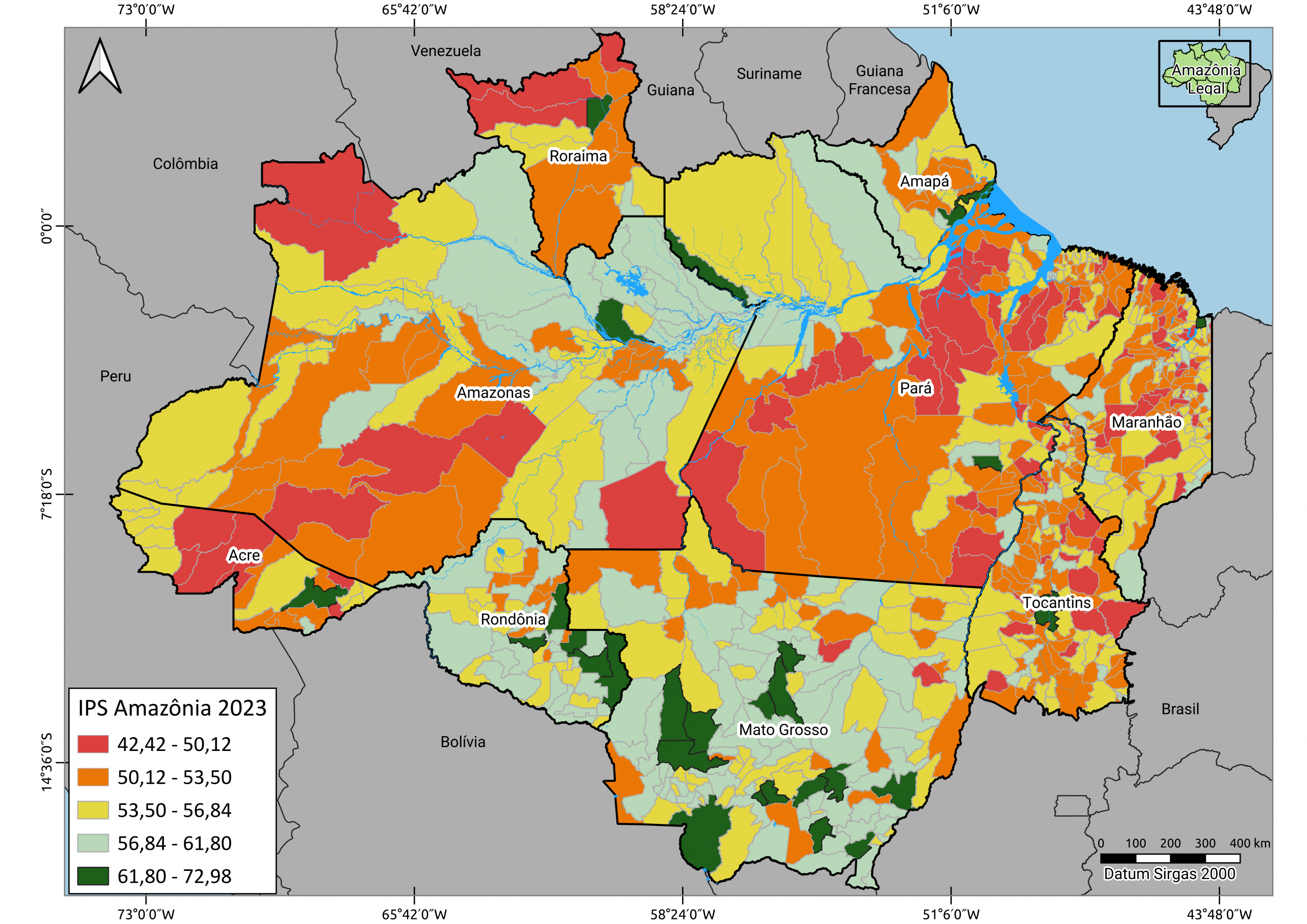 1. Mapa mostra desempenho dos municipios da Amazonia Legal conforme as notas no IPS 2023 - Desmatamento piora desenvolvimento social em municípios da Amazônia