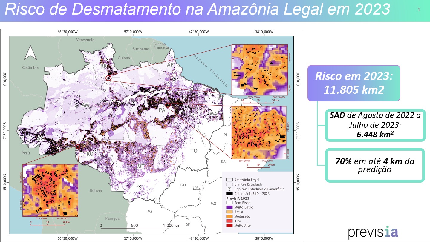 Assertividade PrevisIA 2023 - Risco de desmatamento da Amazônia ultrapassa mil campos de futebol por dia em 2024, aponta PrevisIA