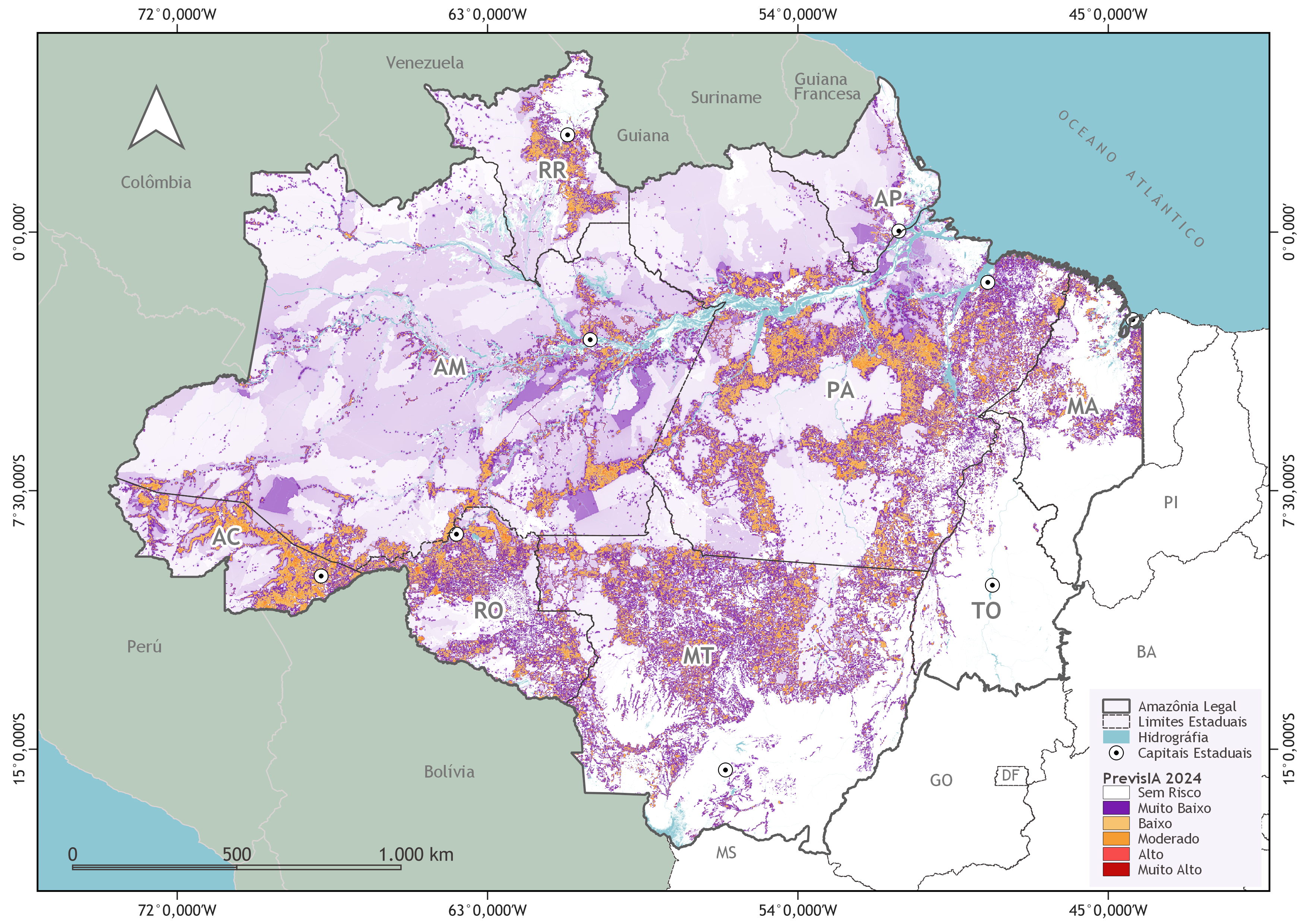 Mapa previsia 2024 v3 - Risco de desmatamento da Amazônia ultrapassa mil campos de futebol por dia em 2024, aponta PrevisIA