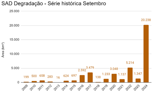 SAD Degradacao Serie Historica Setembro - Degradação da Amazônia passa dos 20 mil km² em setembro, a maior em 15 anos