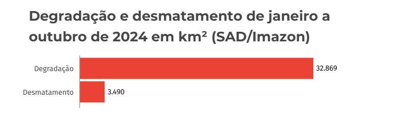 Degradacao e desmatamento de janeiro a outubro de 2024 - Desmatamento e degradação aumentam pelo quinto mês consecutivo na Amazônia