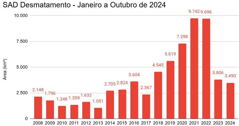 SAD Desmatamento Janeiro a Outubro de 2008 a 2024 - Desmatamento e degradação aumentam pelo quinto mês consecutivo na Amazônia