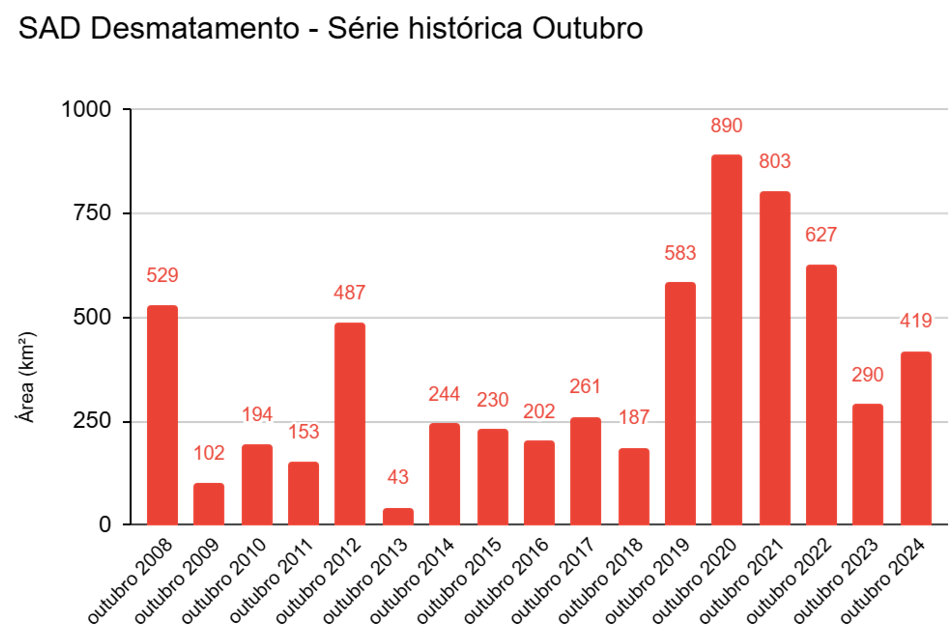 SAD Desmatamento Outubro de 2008 a 2024 - Desmatamento e degradação aumentam pelo quinto mês consecutivo na Amazônia