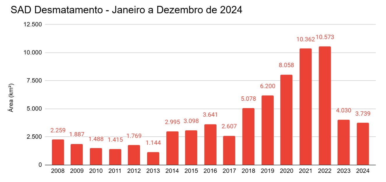 Desmatamento de janeiro a dezembro 2008 a 2024 - Amazônia fecha 2024 com queda de 7% no desmatamento, mas alta de 497% na degradação